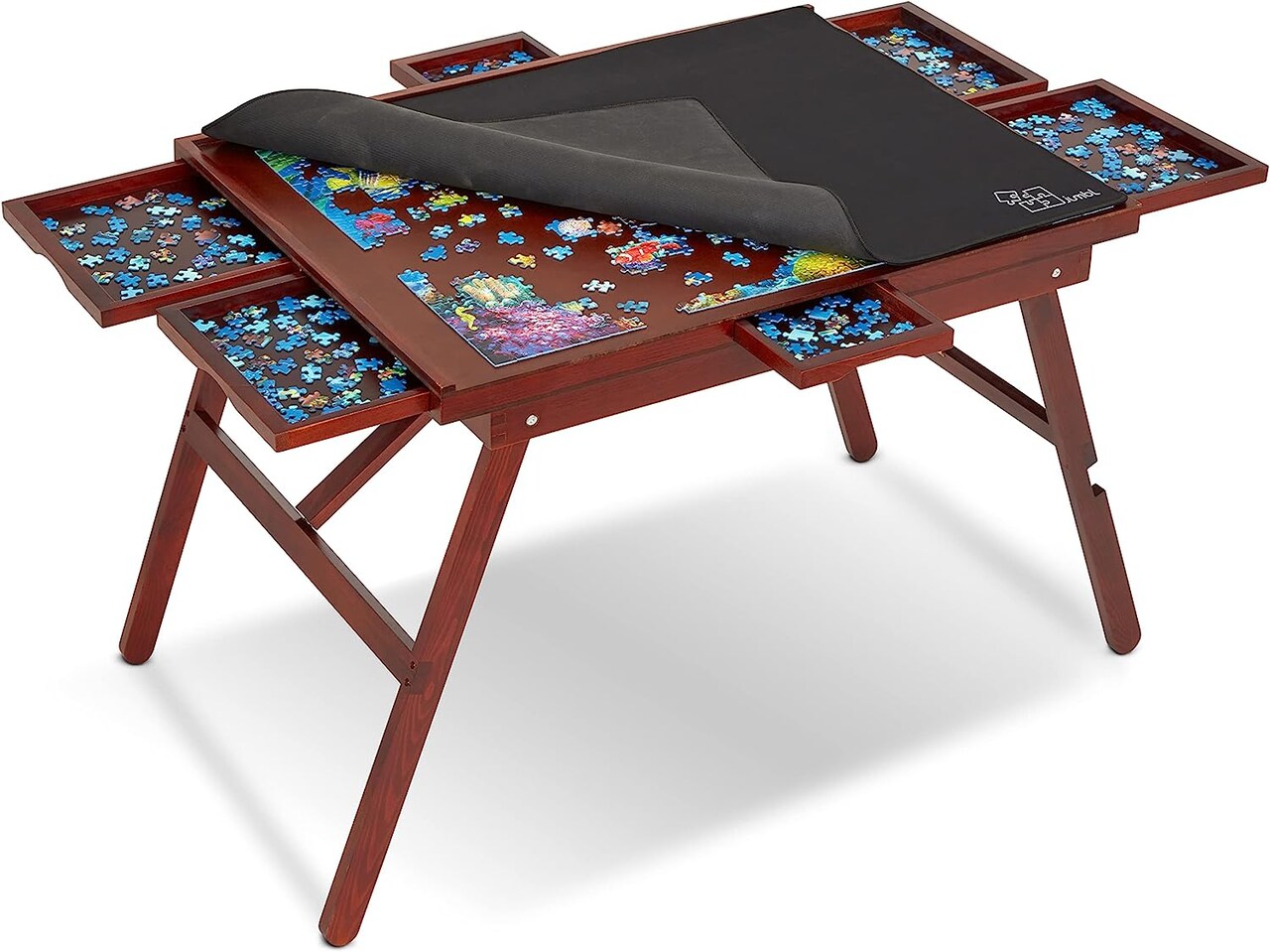 Jumbl 1500-Piece Puzzle Table w/Mat, 27" x 35" Jigsaw Puzzle Board w/Legs 6 Removable Drawers